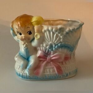 Vintage RUBENS Ceramic Planter with Baby Figure on Shoe.